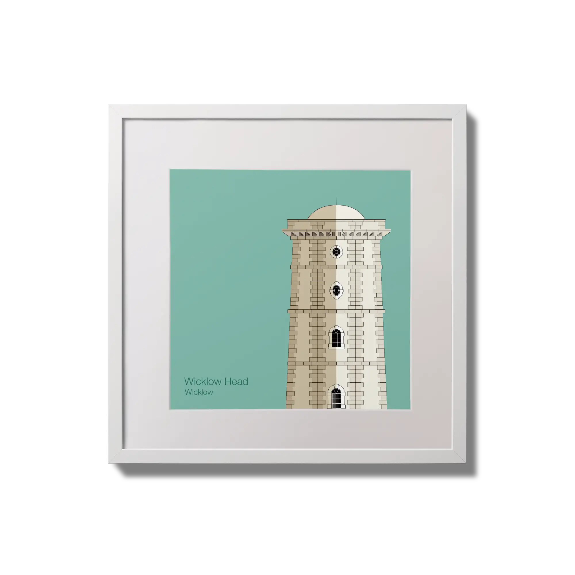 Illustration of Valentia Island lighthouse on an ocean green background,  in a white square frame measuring 20x20cm.