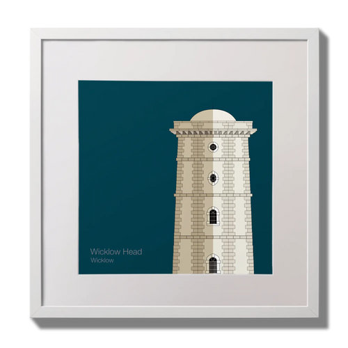Illustration of Valentia Island lighthouse on a midnight blue background,  in a white square frame measuring 30x30cm.