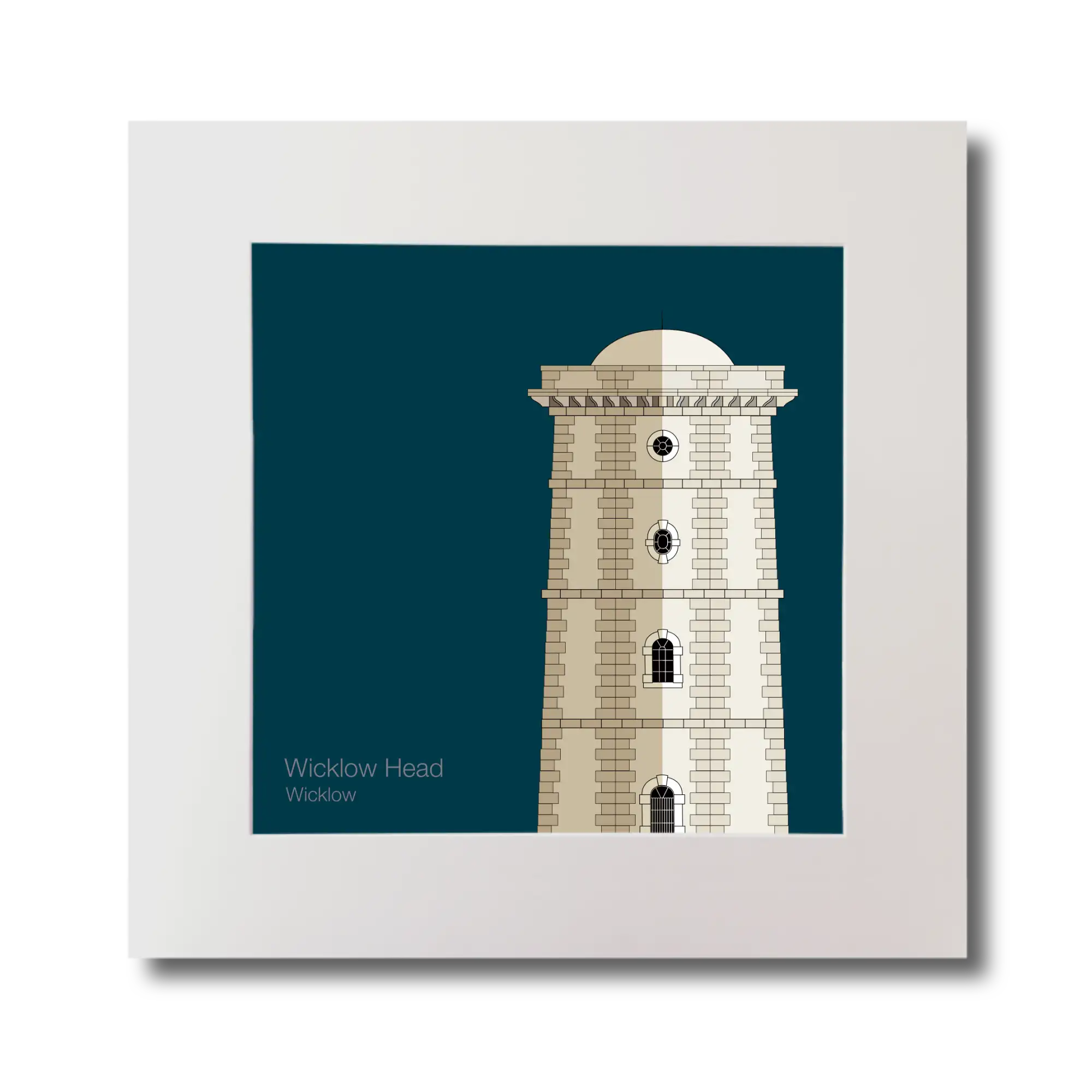 Illustration of Valentia Island lighthouse on a midnight blue background, mounted and measuring 30x30cm.