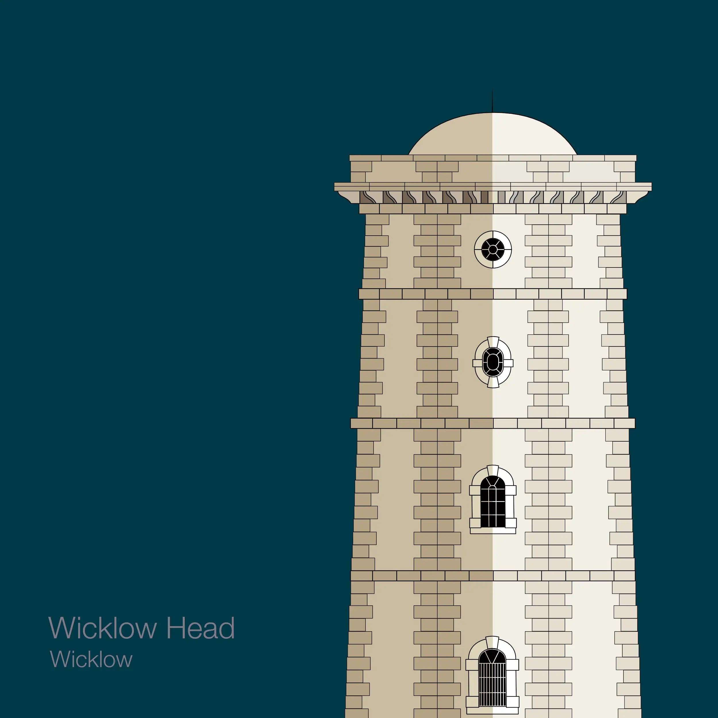 Illustration of Valentia Island lighthouse on a midnight blue background