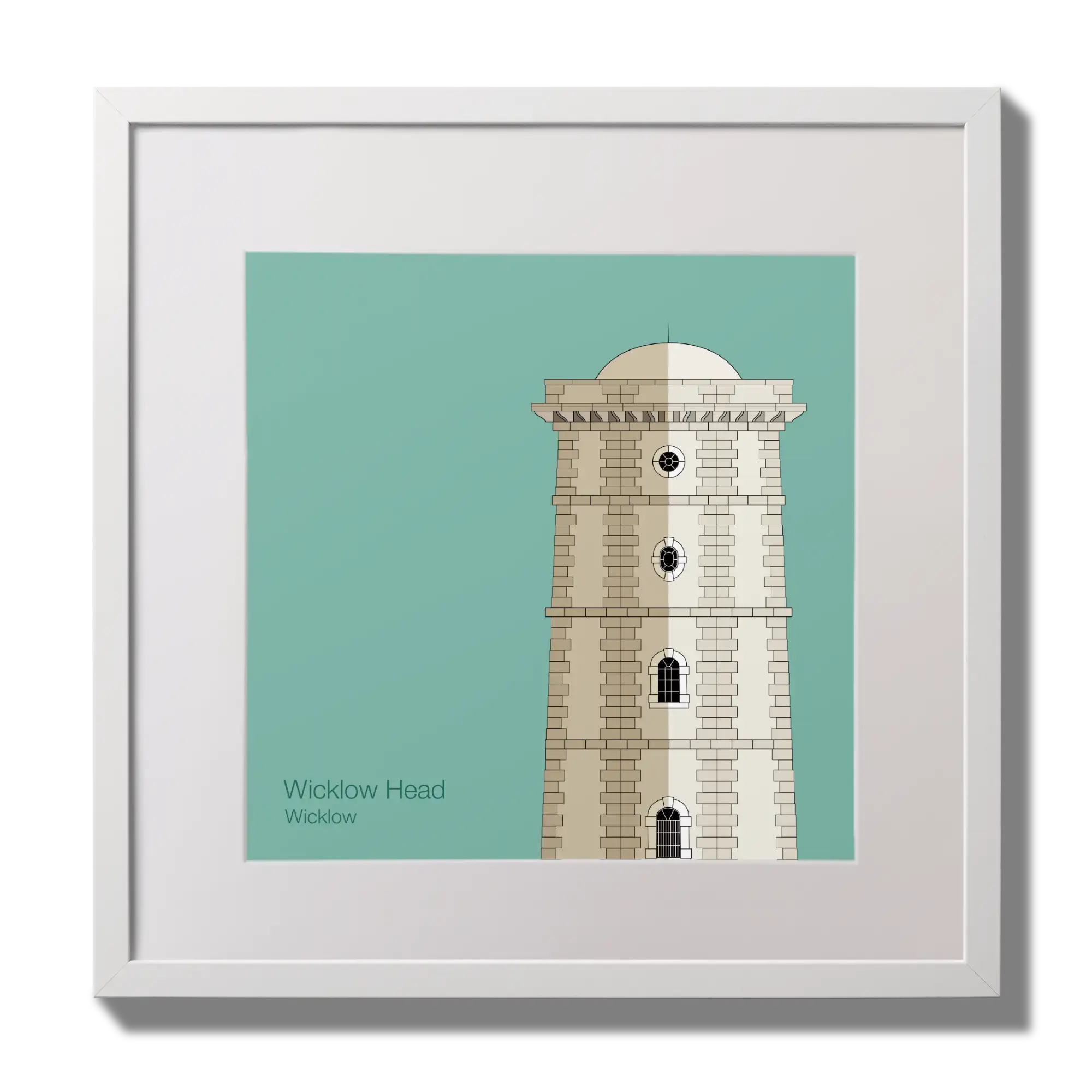 Illustration of Valentia Island lighthouse on an ocean green background,  in a white square frame measuring 30x30cm.