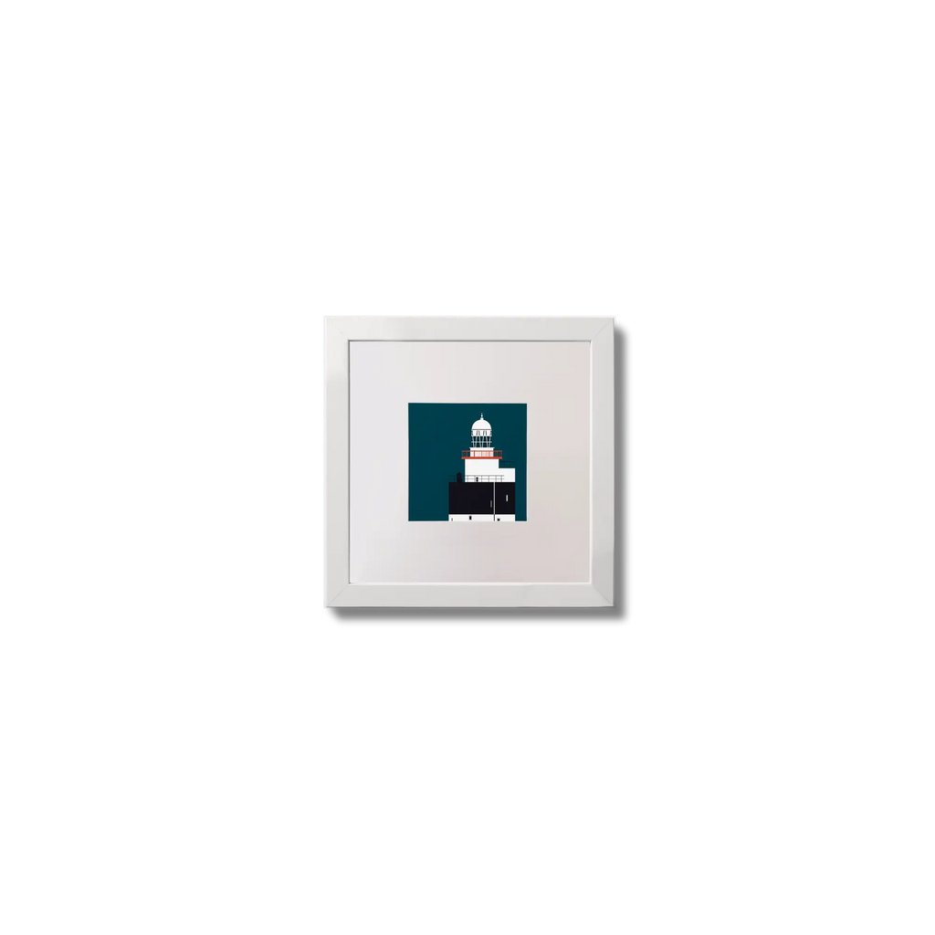 Illustration of Hook Head lighthouse on a midnight blue background,  in a white square frame measuring 10x10cm.