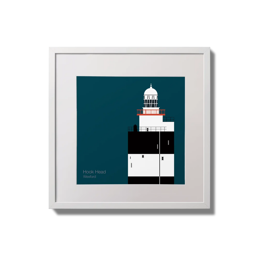 Illustration of Hook Head lighthouse on a midnight blue background,  in a white square frame measuring 20x20cm.