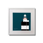 Illustration of Hook Head lighthouse on a midnight blue background,  in a white square frame measuring 20x20cm.