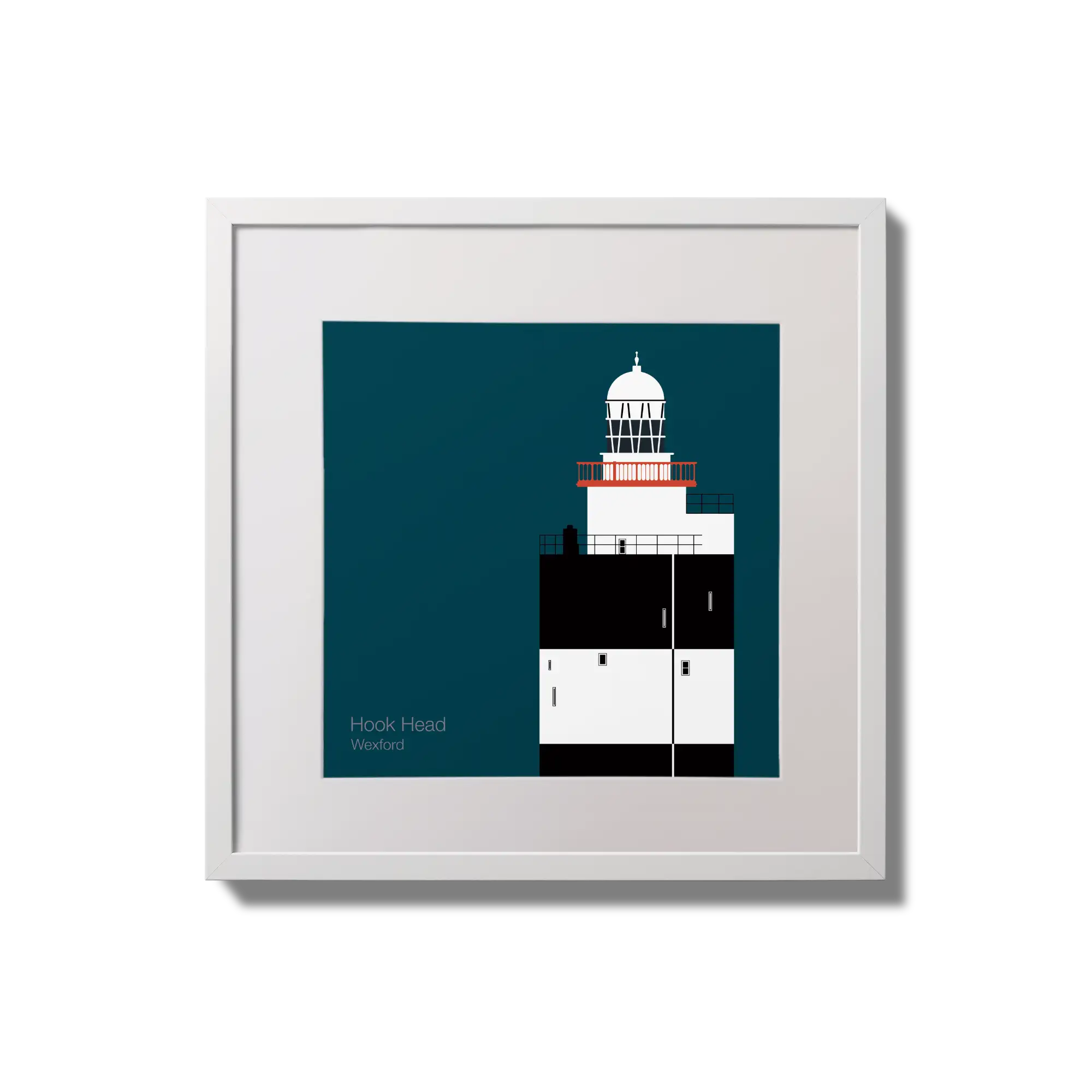 Illustration of Hook Head lighthouse on a midnight blue background,  in a white square frame measuring 20x20cm.
