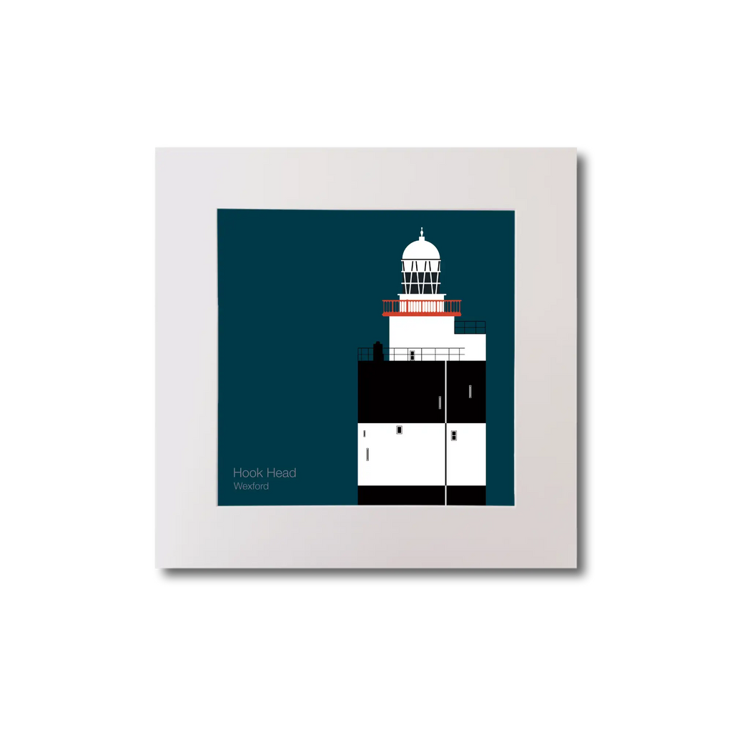 Illustration of Hook Head lighthouse on a midnight blue background, mounted and measuring 20x20cm.