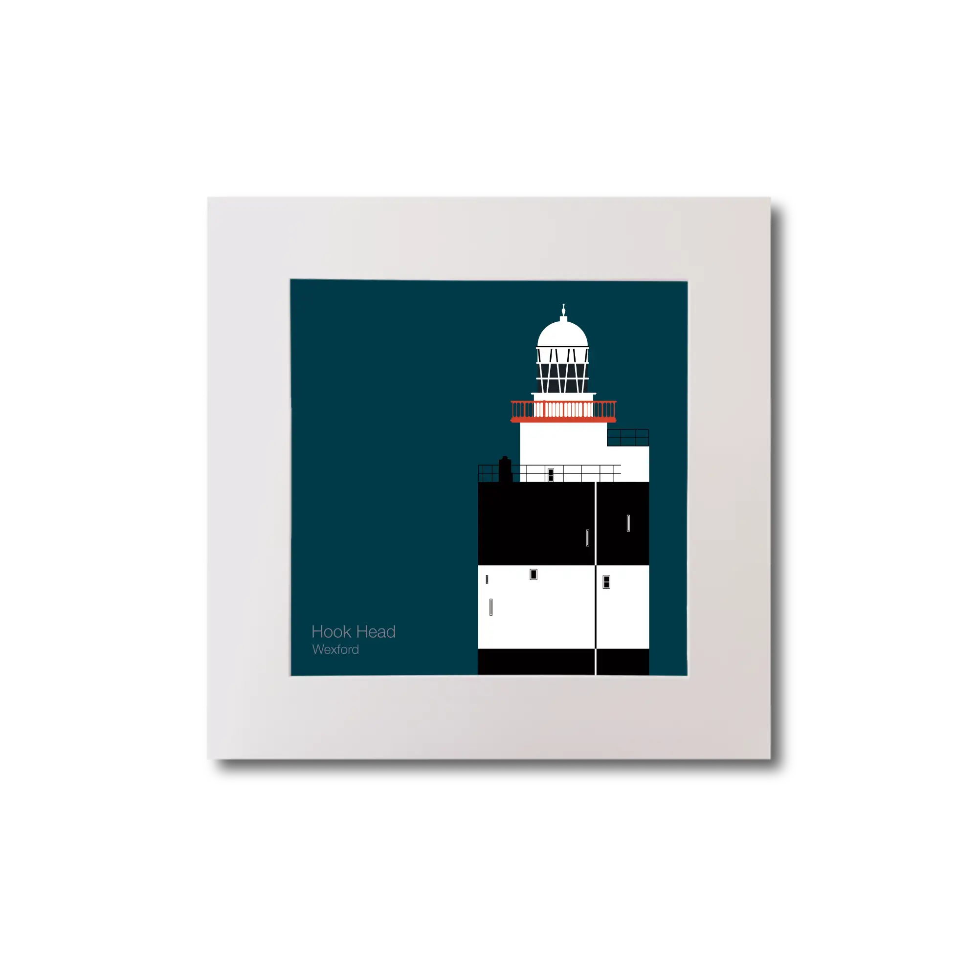 Illustration of Hook Head lighthouse on a midnight blue background, mounted and measuring 20x20cm.