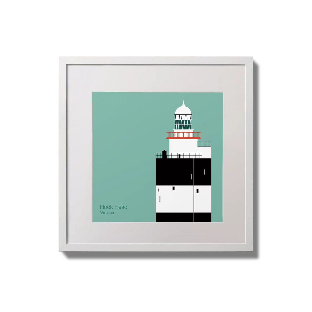 Illustration of Hook Head lighthouse on an ocean green background,  in a white square frame measuring 20x20cm.