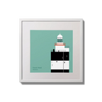 Illustration of Hook Head lighthouse on an ocean green background,  in a white square frame measuring 20x20cm.