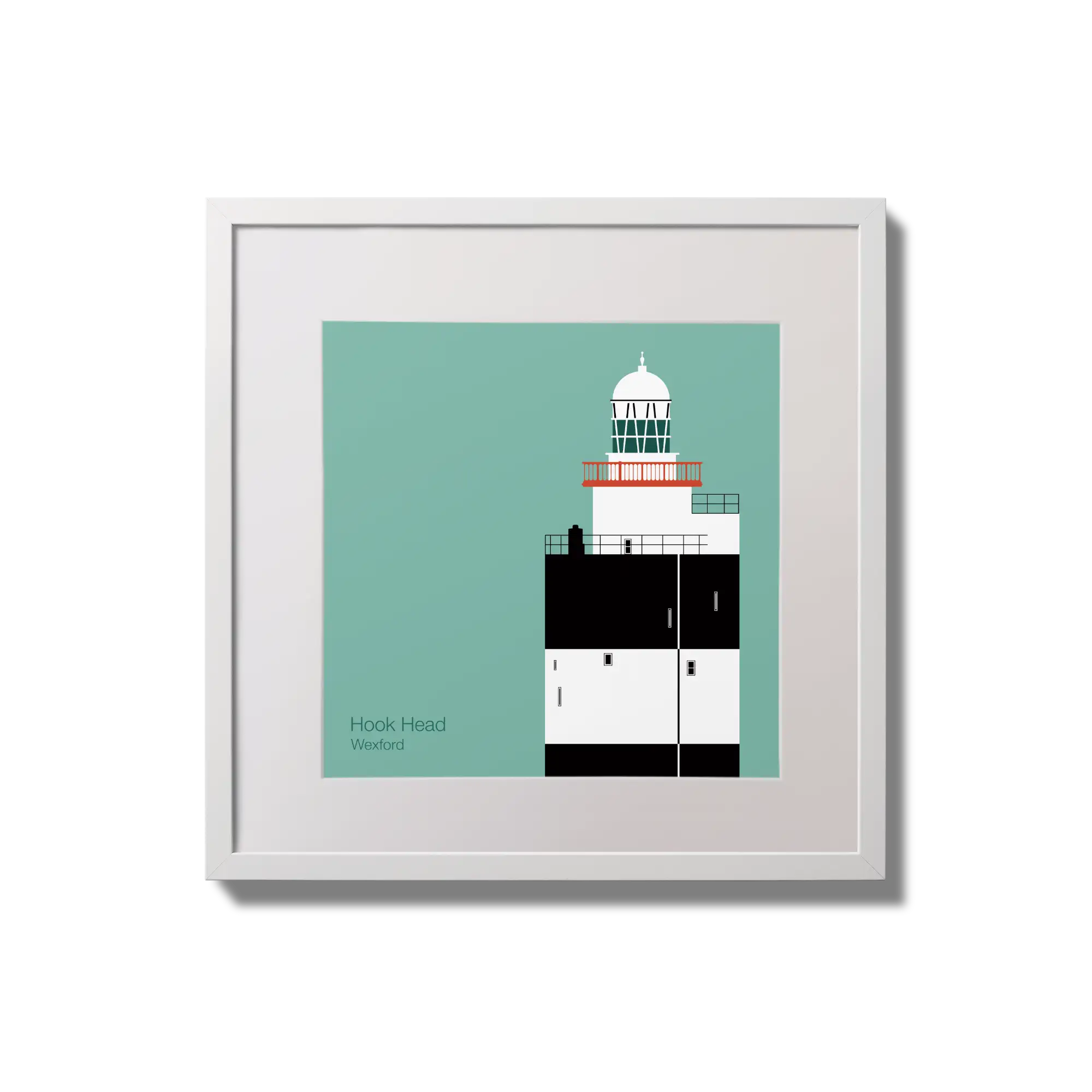 Illustration of Hook Head lighthouse on an ocean green background,  in a white square frame measuring 20x20cm.