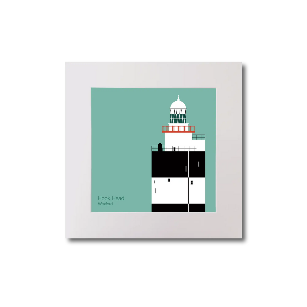 Illustration of Hook Head lighthouse on an ocean green background, mounted and measuring 20x20cm.