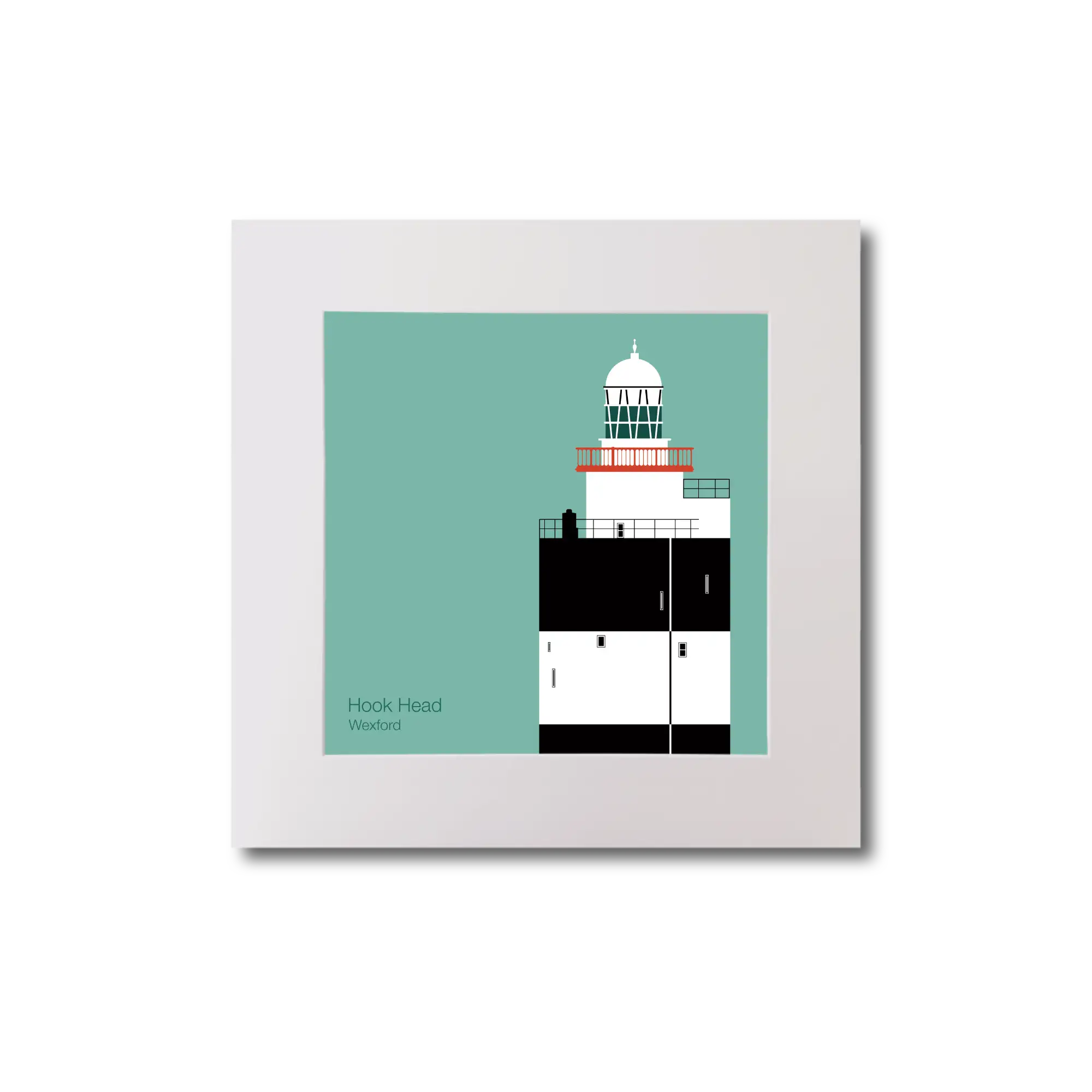 Illustration of Hook Head lighthouse on an ocean green background, mounted and measuring 20x20cm.