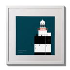 Illustration of Hook Head lighthouse on a midnight blue background,  in a white square frame measuring 30x30cm.