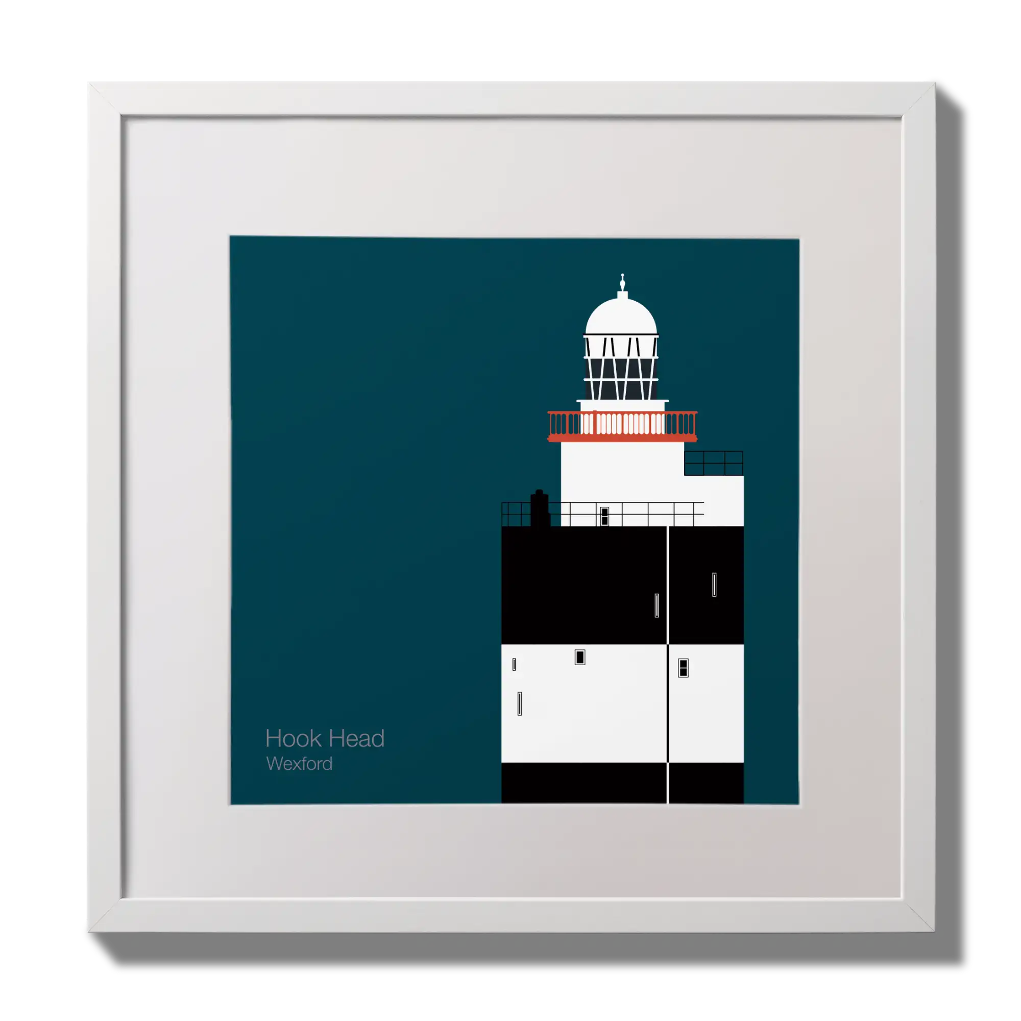 Illustration of Hook Head lighthouse on a midnight blue background,  in a white square frame measuring 30x30cm.