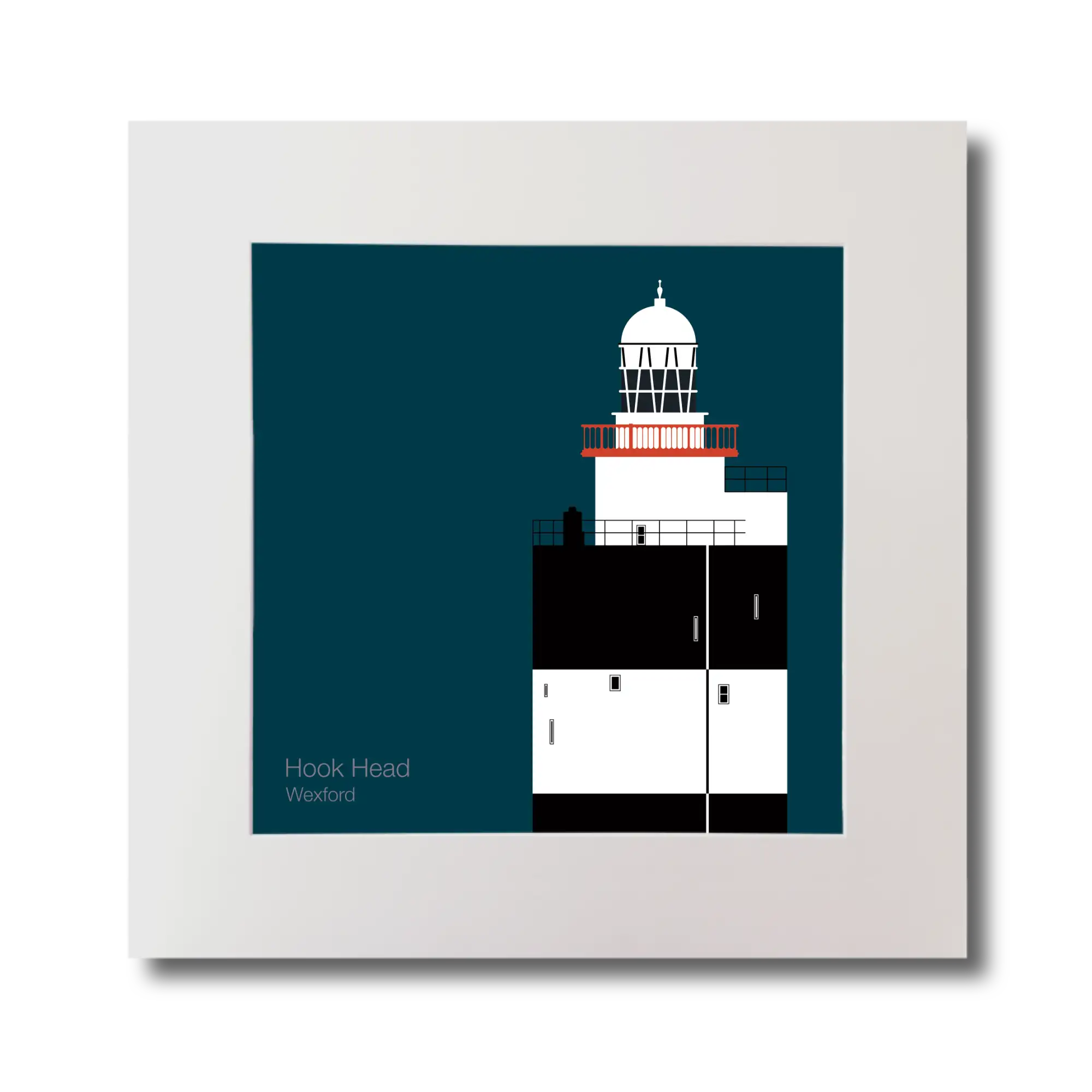 Illustration of Hook Head lighthouse on a midnight blue background, mounted and measuring 30x30cm.