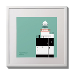 Illustration of Hook Head lighthouse on an ocean green background,  in a white square frame measuring 30x30cm.