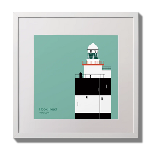 Illustration of Hook Head lighthouse on an ocean green background,  in a white square frame measuring 30x30cm.