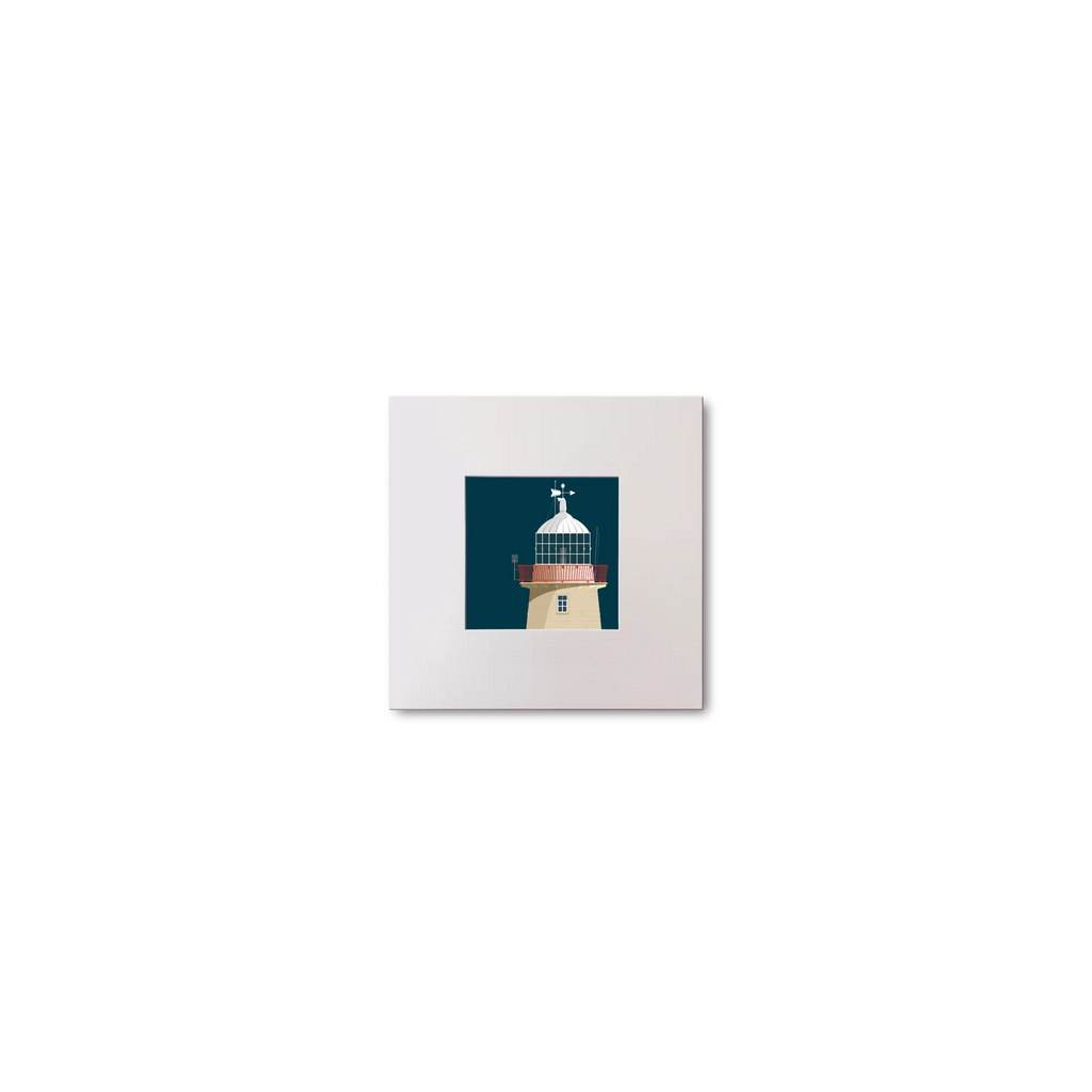 Illustration of Howth lighthouse on a midnight blue background, mounted and measuring 10x10cm.