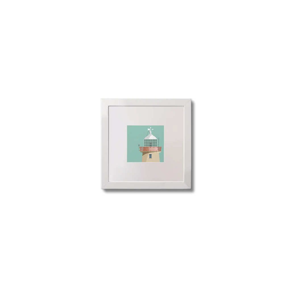 Illustration of Howth lighthouse on an ocean green background,  in a white square frame measuring 10x10cm.