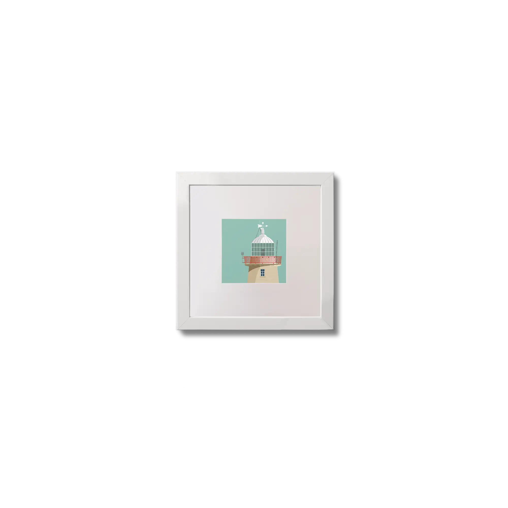 Illustration of Howth lighthouse on an ocean green background,  in a white square frame measuring 10x10cm.