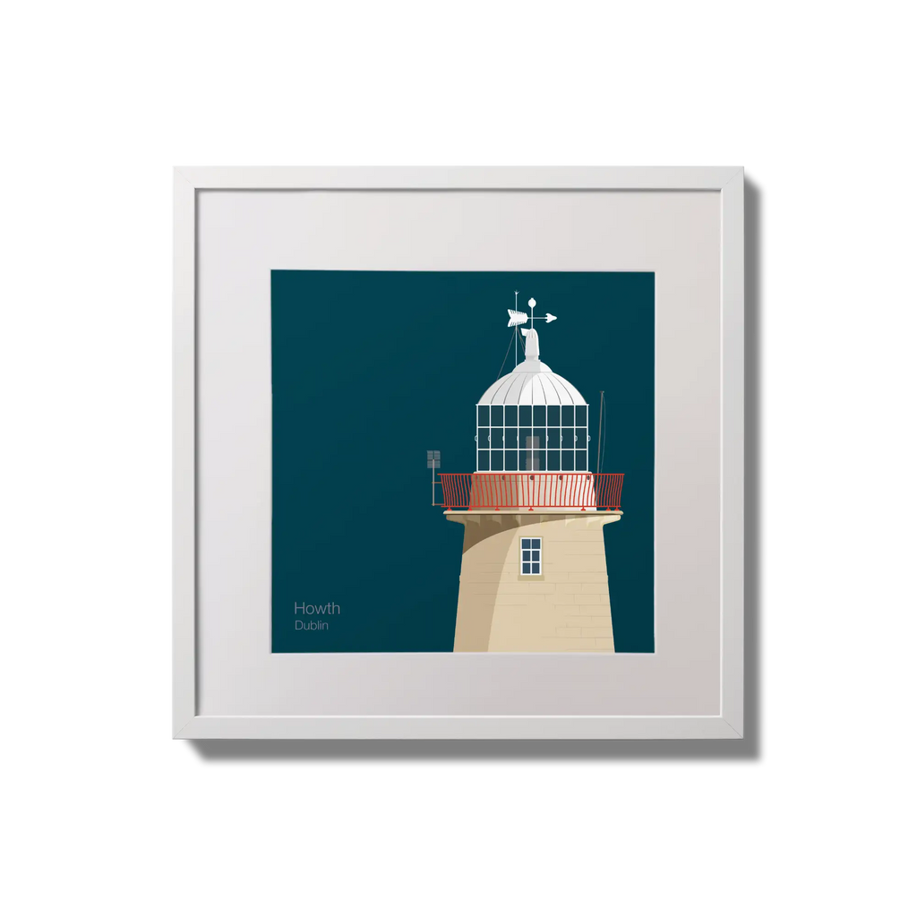 Illustration of Howth lighthouse on a midnight blue background,  in a white square frame measuring 20x20cm.