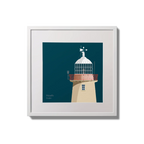 Illustration of Howth lighthouse on a midnight blue background,  in a white square frame measuring 20x20cm.