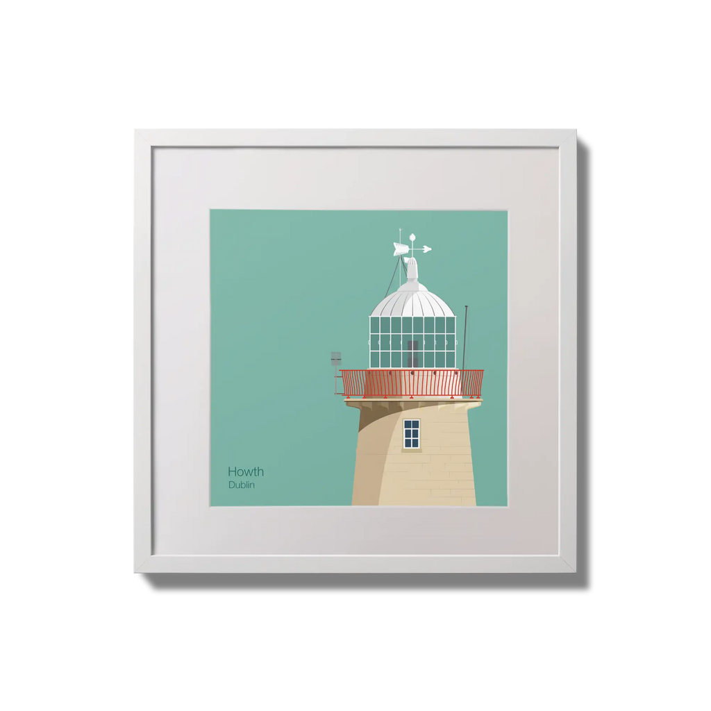 Illustration of Howth lighthouse on an ocean green background,  in a white square frame measuring 20x20cm.