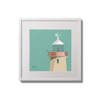 Illustration of Howth lighthouse on an ocean green background,  in a white square frame measuring 20x20cm.