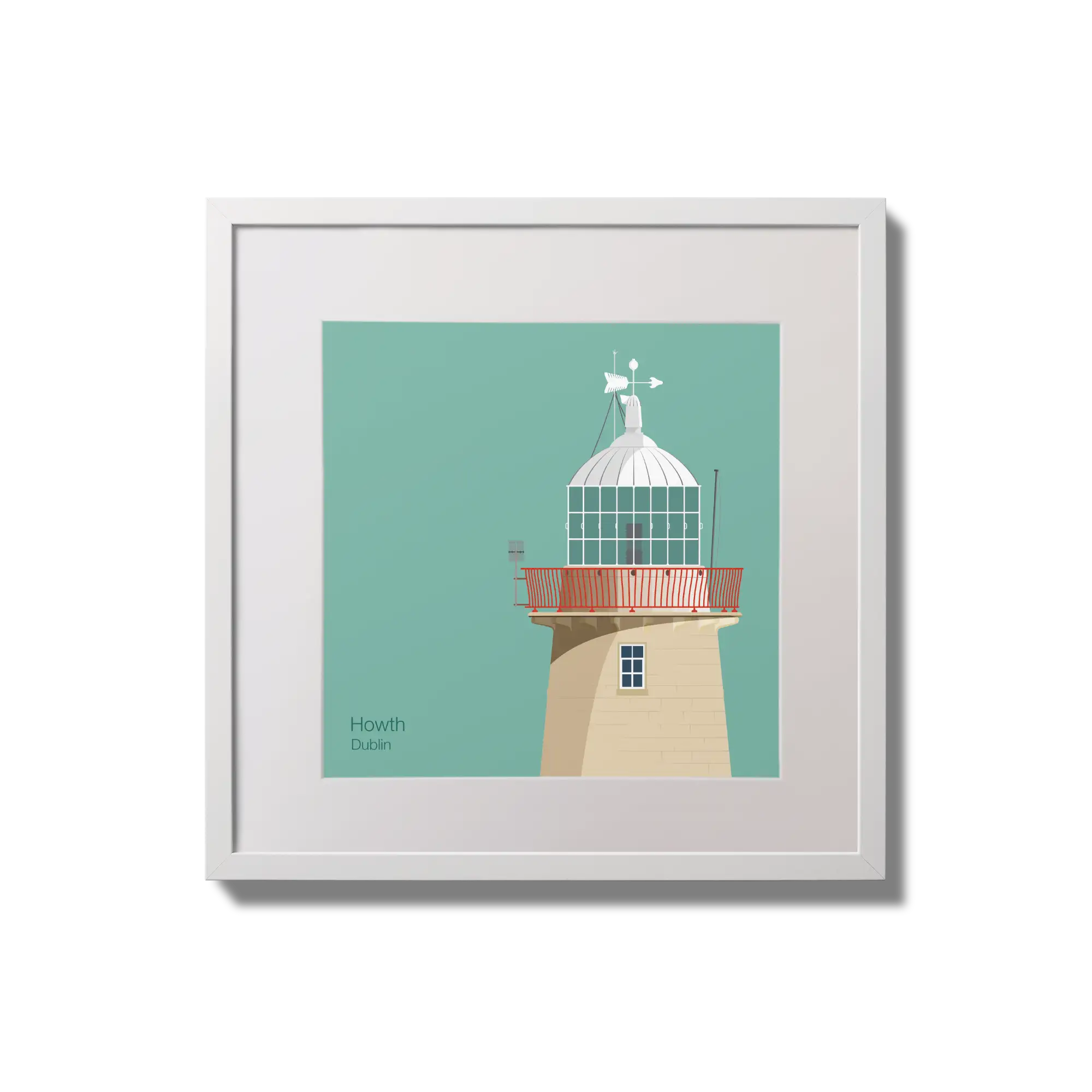 Illustration of Howth lighthouse on an ocean green background,  in a white square frame measuring 20x20cm.