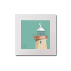 Illustration of Howth lighthouse on an ocean green background, mounted and measuring 20x20cm.