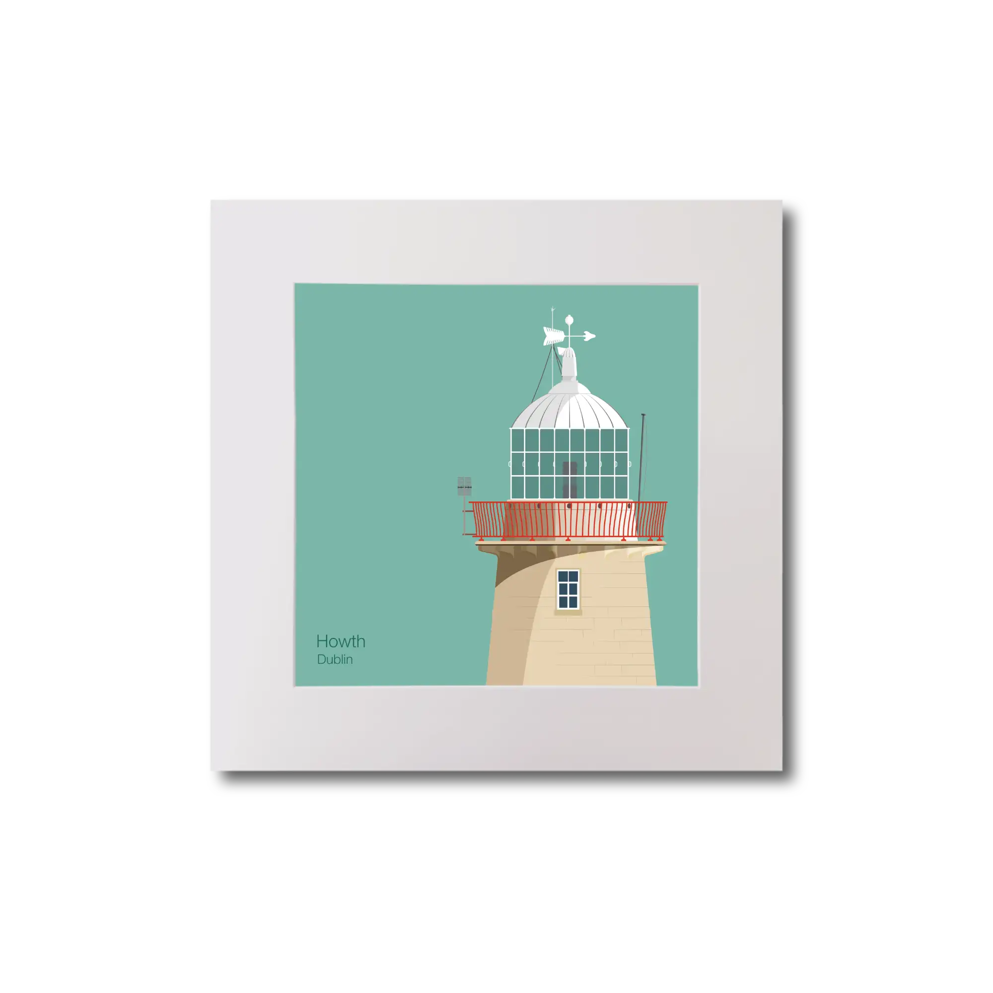 Illustration of Howth lighthouse on an ocean green background, mounted and measuring 20x20cm.