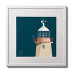 Illustration of Howth lighthouse on a midnight blue background,  in a white square frame measuring 30x30cm.