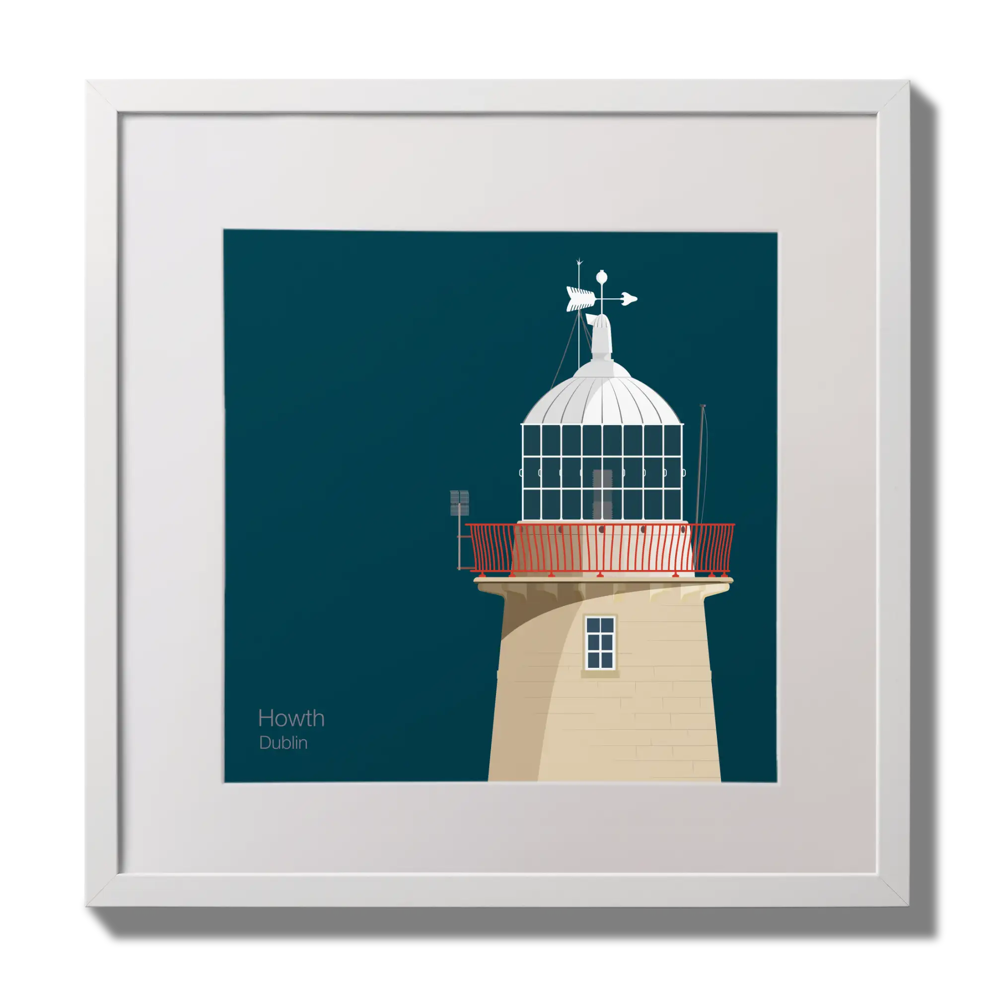 Illustration of Howth lighthouse on a midnight blue background,  in a white square frame measuring 30x30cm.