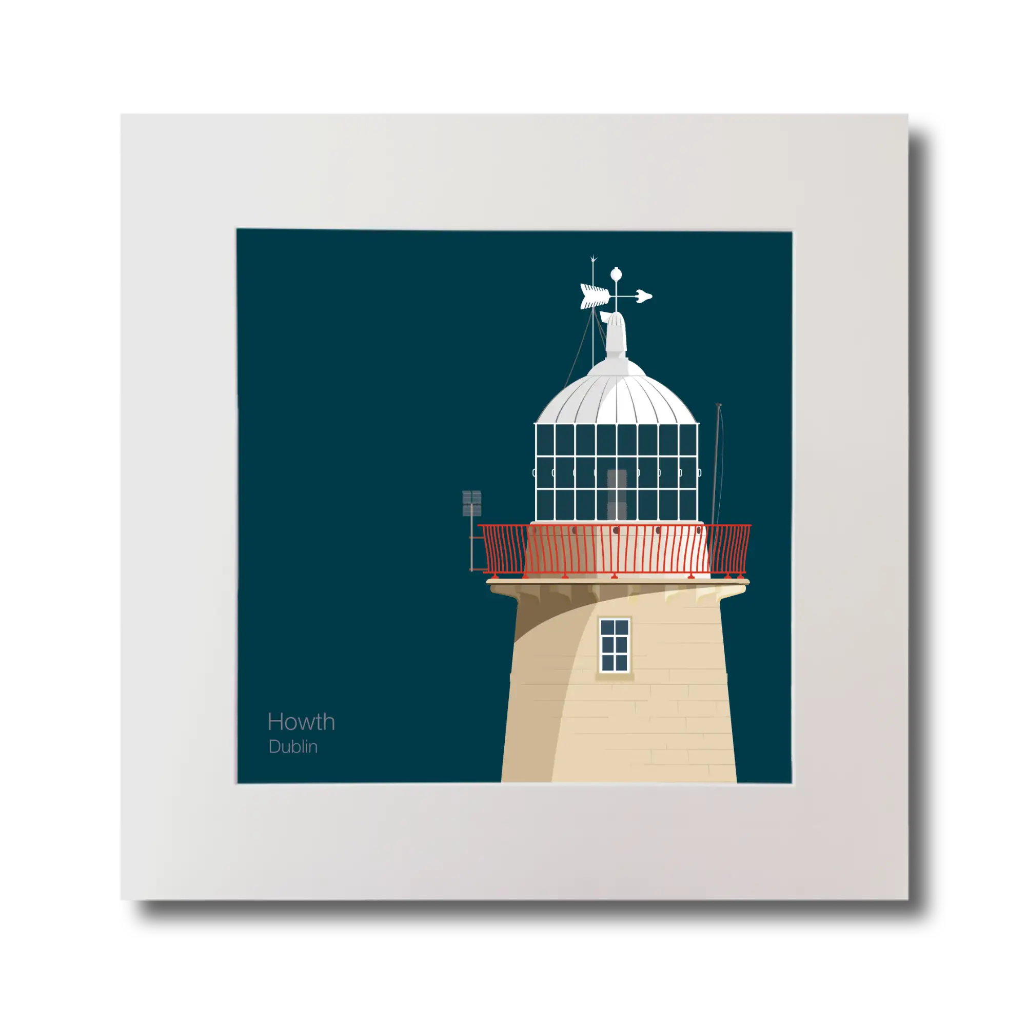 Illustration of Howth lighthouse on a midnight blue background, mounted and measuring 30x30cm.