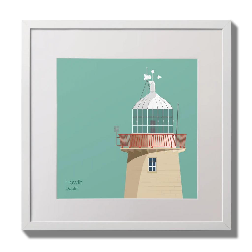 Illustration of Howth lighthouse on an ocean green background,  in a white square frame measuring 30x30cm.