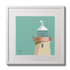 Illustration of Howth lighthouse on an ocean green background,  in a white square frame measuring 30x30cm.