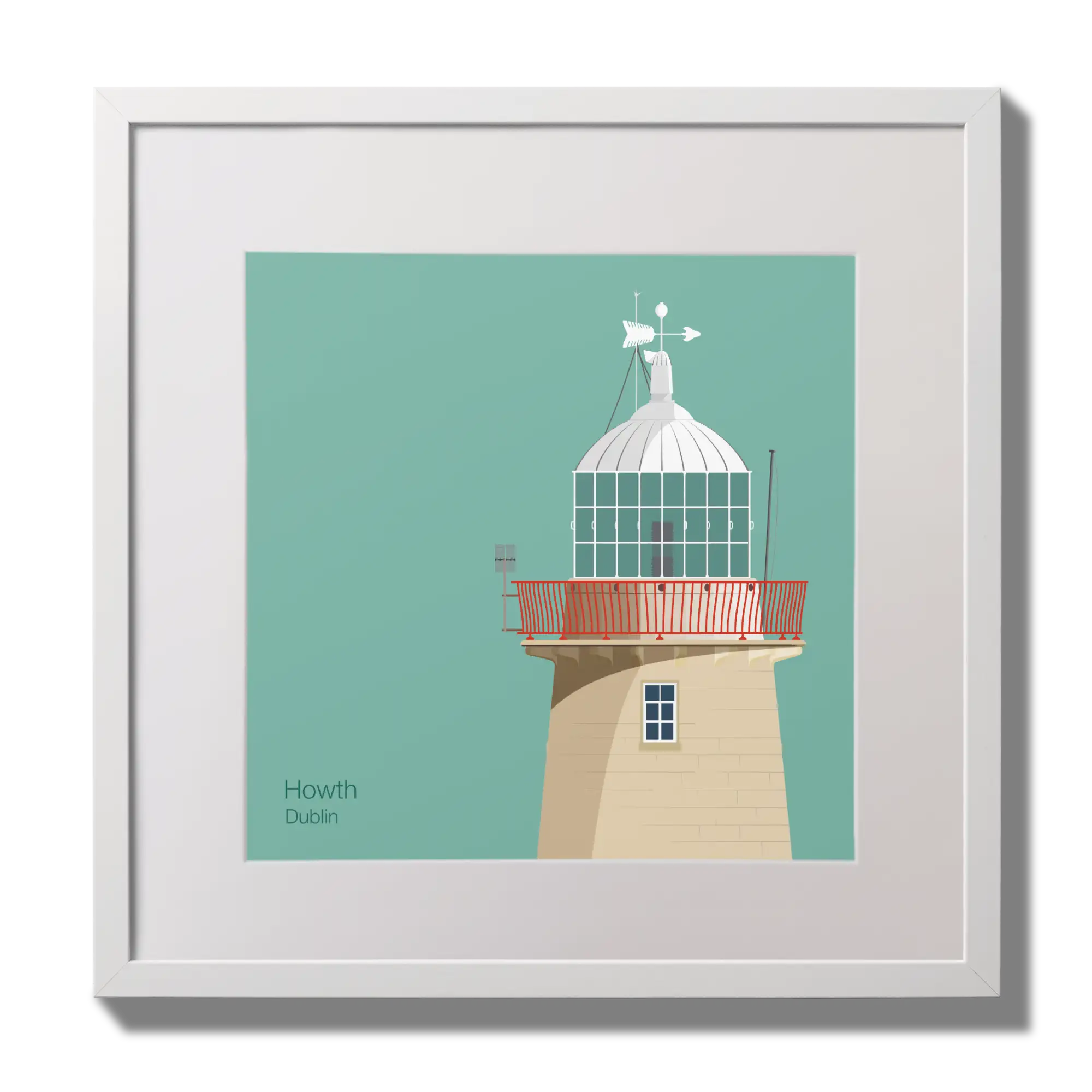 Illustration of Howth lighthouse on an ocean green background,  in a white square frame measuring 30x30cm.