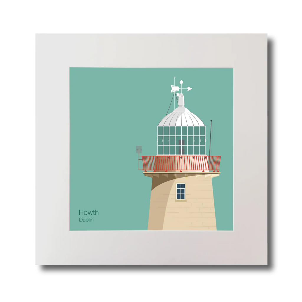 Illustration of Howth lighthouse on an ocean green background, mounted and measuring 30x30cm.