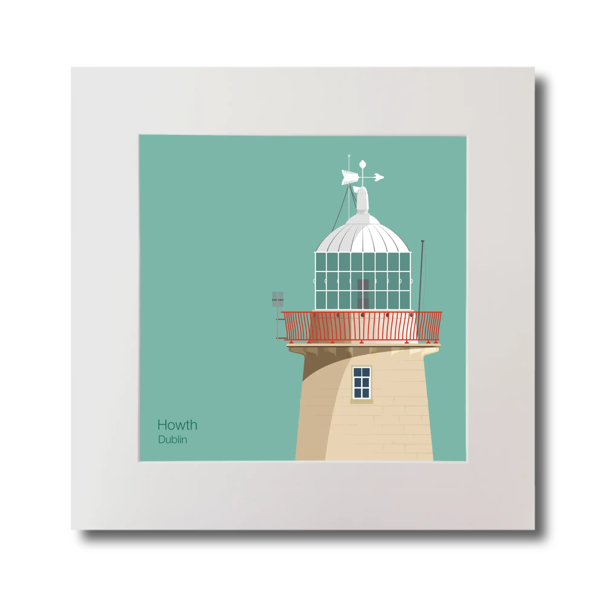 Illustration of Howth lighthouse on an ocean green background, mounted and measuring 30x30cm.