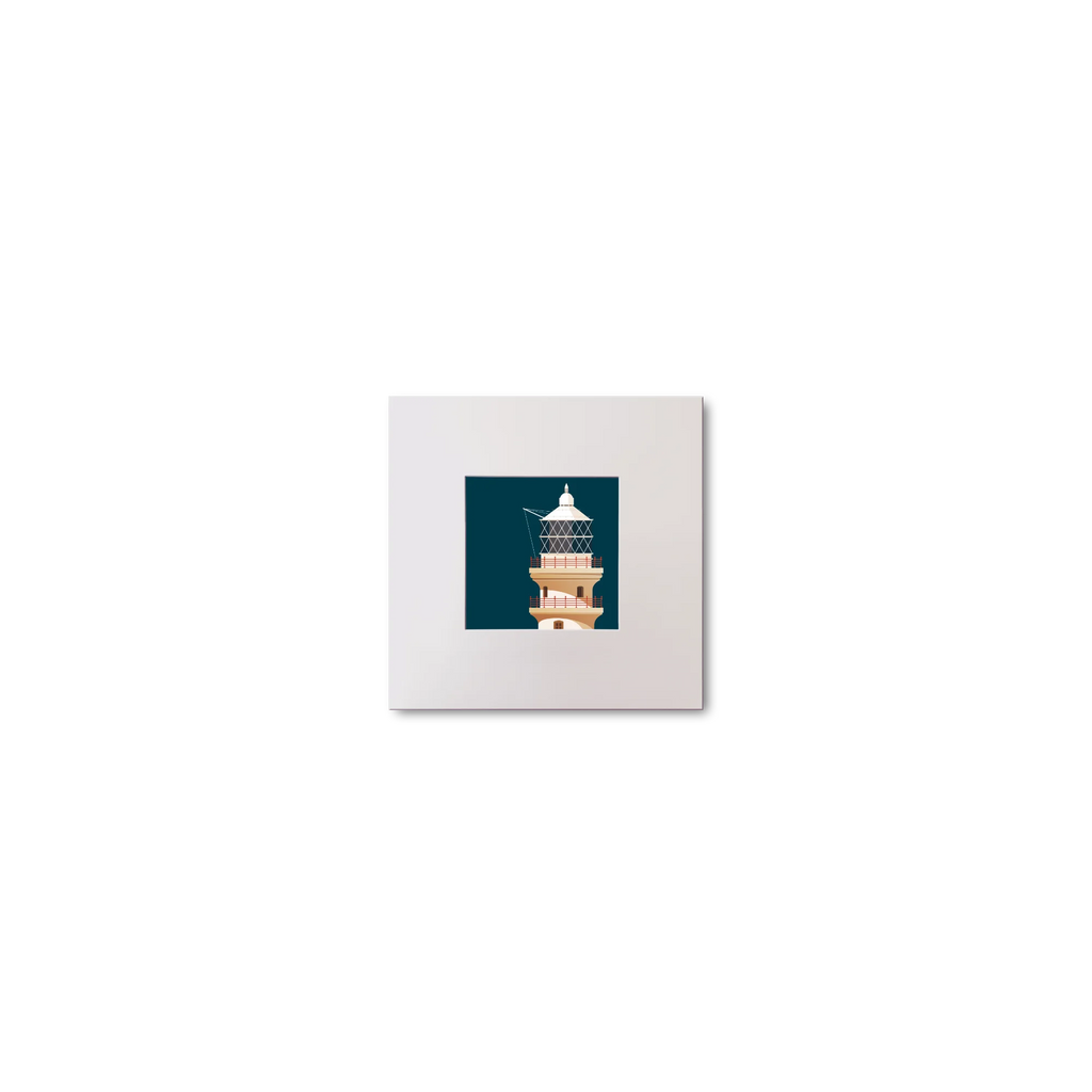 Illustration of Fastnet lighthouse on a midnight blue background, mounted and measuring 10x10cm.