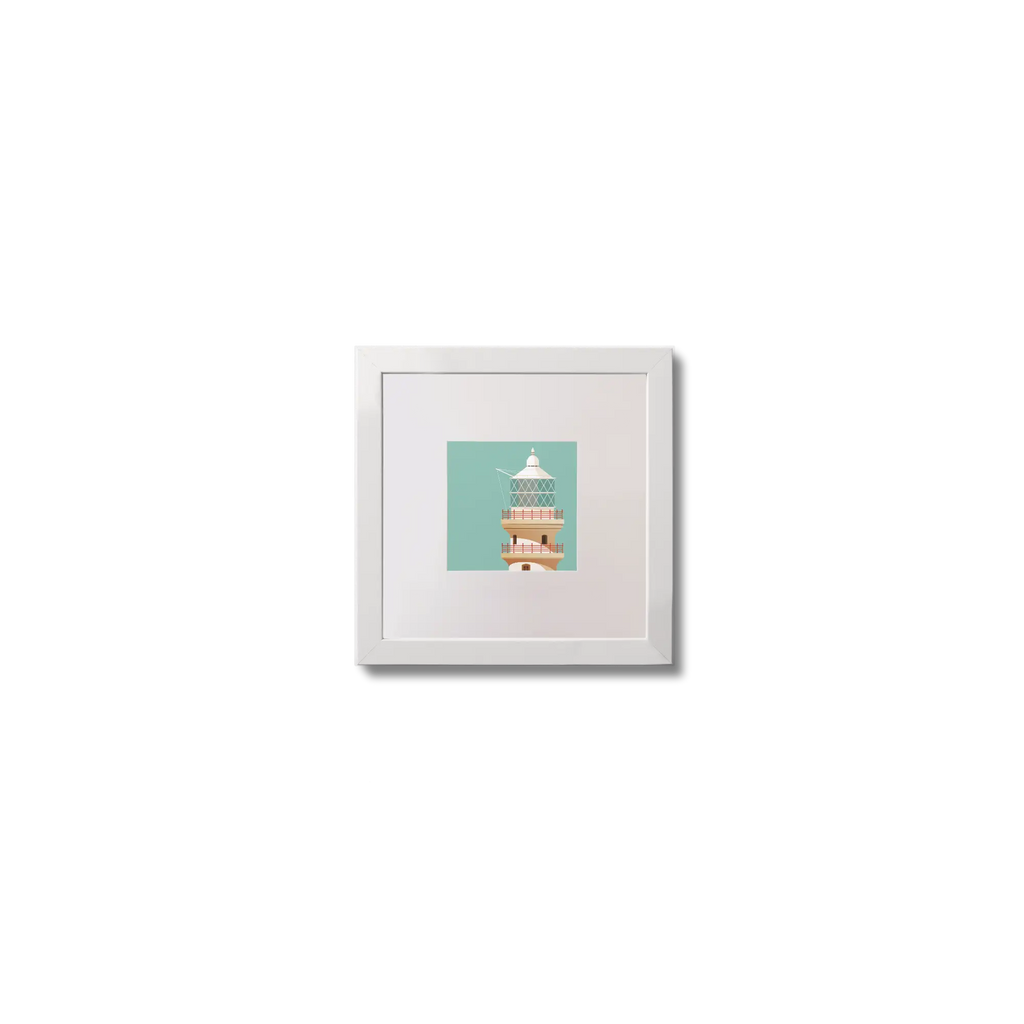 Illustration of Fastnet lighthouse on an ocean green background,  in a white square frame measuring 10x10cm.