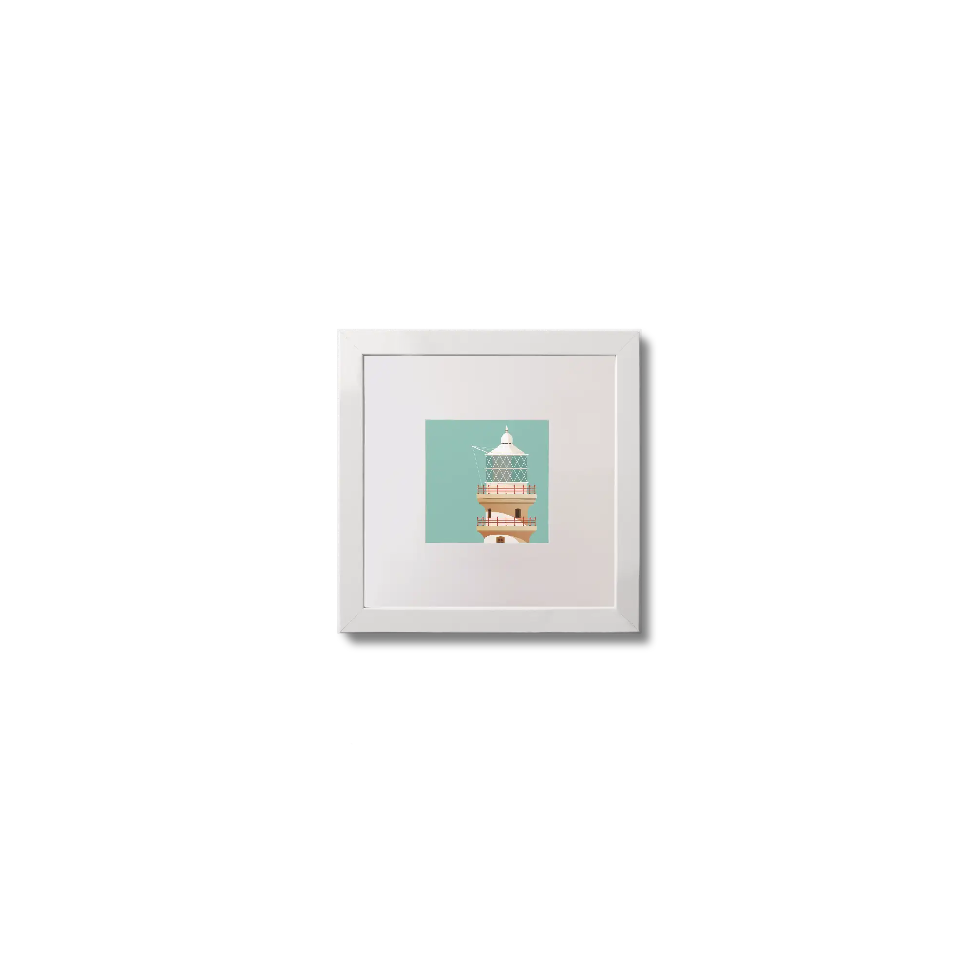 Illustration of Fastnet lighthouse on an ocean green background,  in a white square frame measuring 10x10cm.
