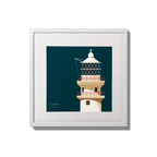 Illustration of Fastnet lighthouse on a midnight blue background,  in a white square frame measuring 20x20cm.