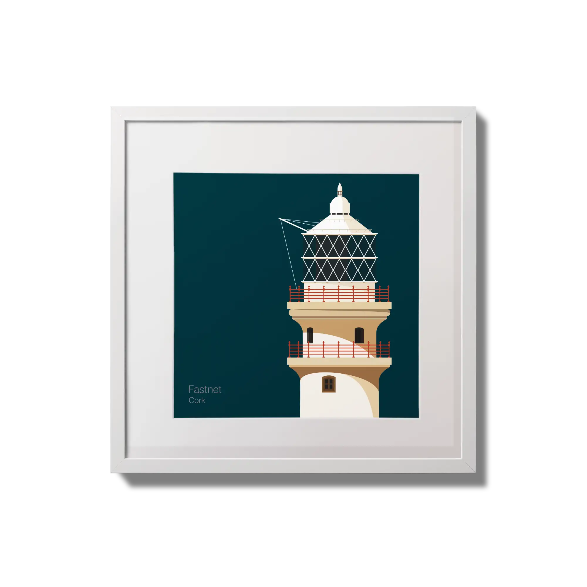 Illustration of Fastnet lighthouse on a midnight blue background,  in a white square frame measuring 20x20cm.