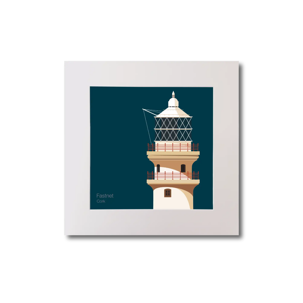 Illustration of Fastnet lighthouse on a midnight blue background, mounted and measuring 20x20cm.
