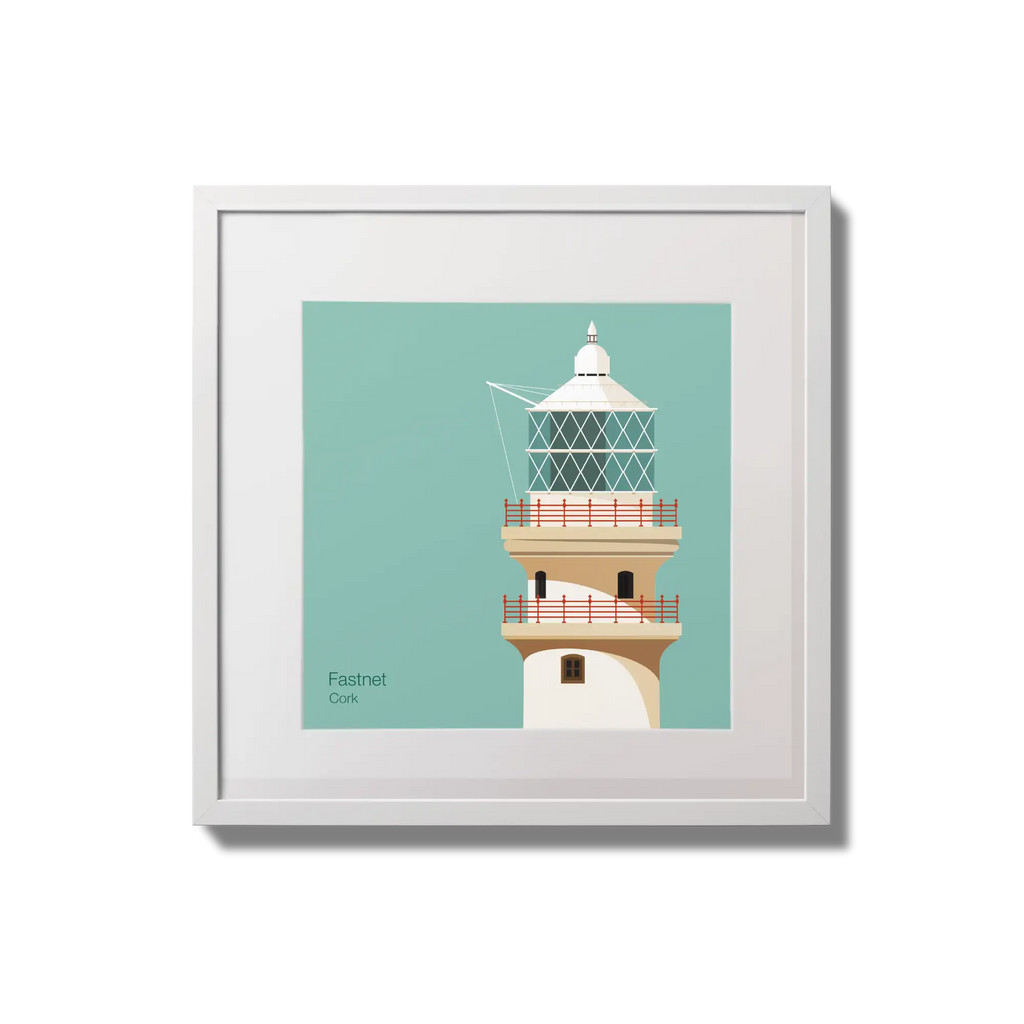 Illustration of Fastnet lighthouse on an ocean green background,  in a white square frame measuring 20x20cm.