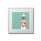 Illustration of Fastnet lighthouse on an ocean green background,  in a white square frame measuring 20x20cm.