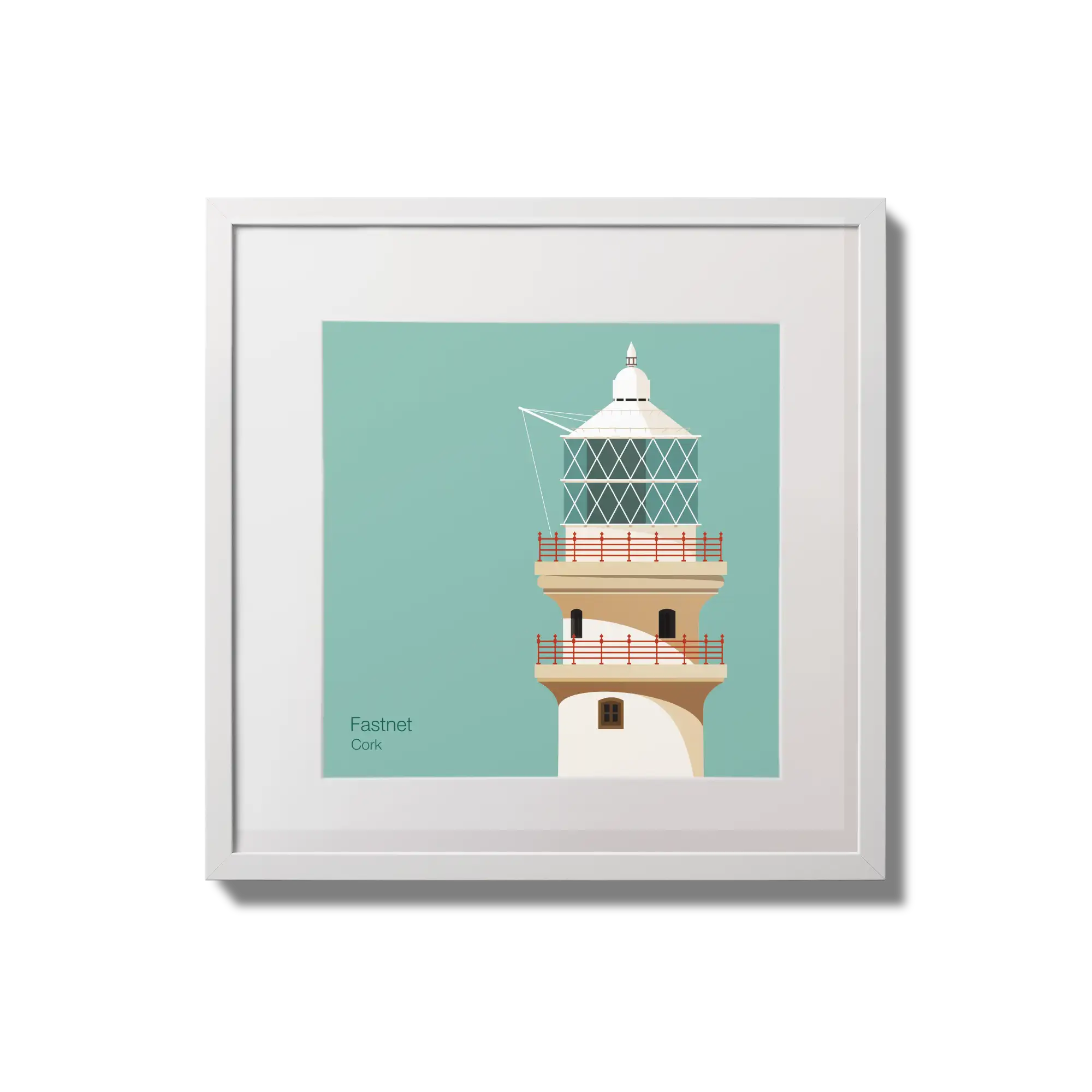 Illustration of Fastnet lighthouse on an ocean green background,  in a white square frame measuring 20x20cm.