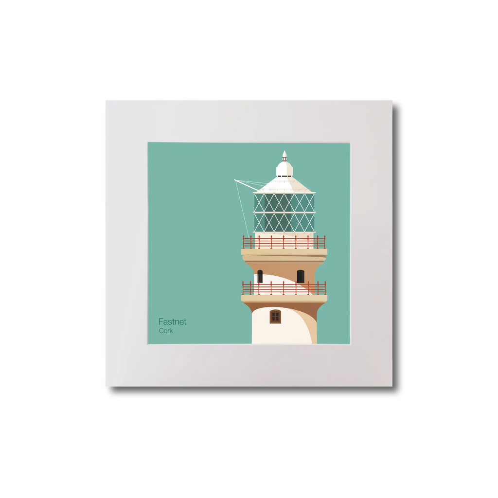 Illustration of Fastnet lighthouse on an ocean green background, mounted and measuring 20x20cm.