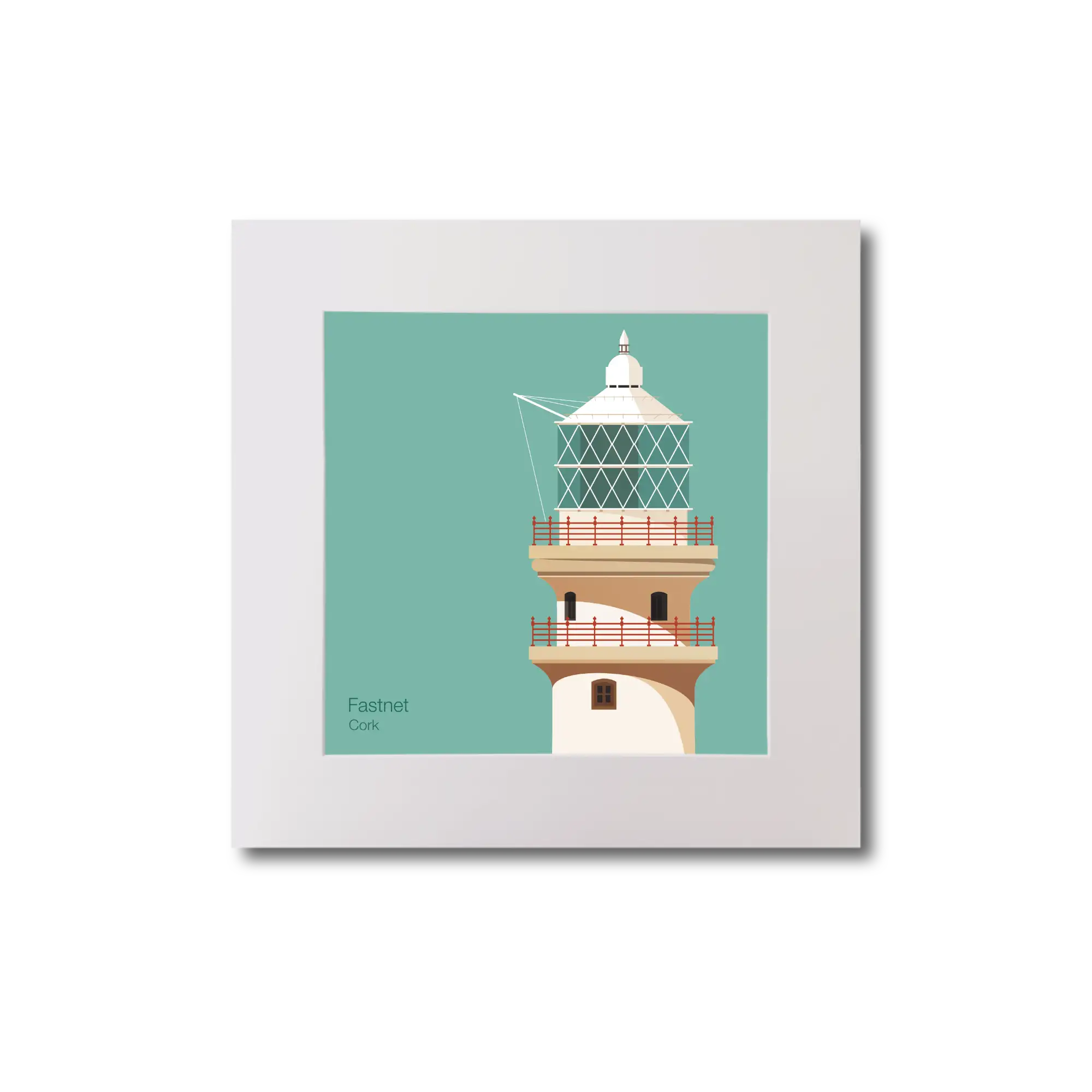 Illustration of Fastnet lighthouse on an ocean green background, mounted and measuring 20x20cm.